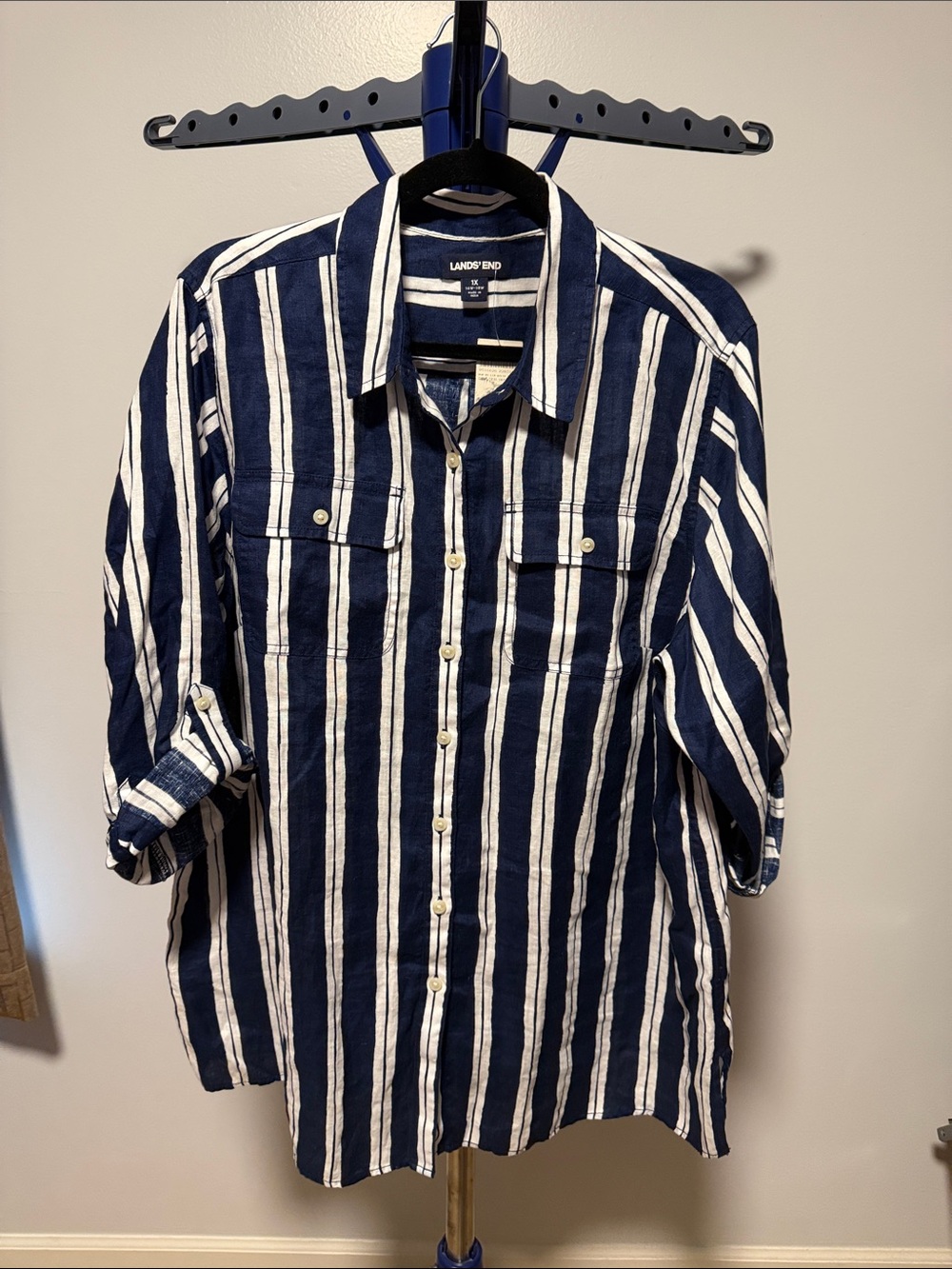 Lands' End Navy and White Vertical Stripe Casual Button-Down Shirt